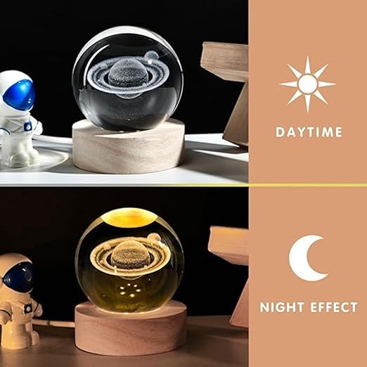 3D Saturn Crystal Ball LED Lamp | Wooden Base | Bedroom Night Light | Casvero