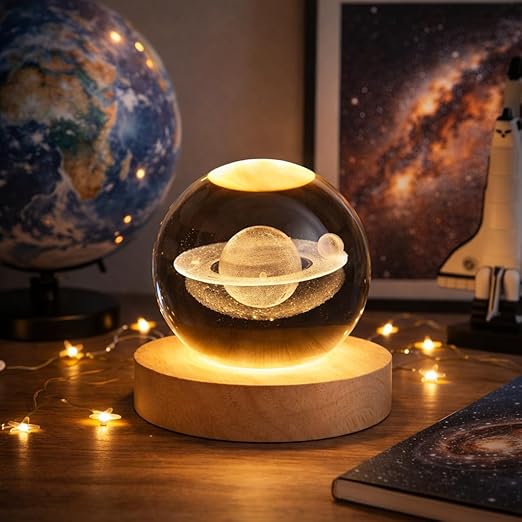 3D Saturn Crystal Ball LED Lamp | Wooden Base | Bedroom Night Light | Casvero