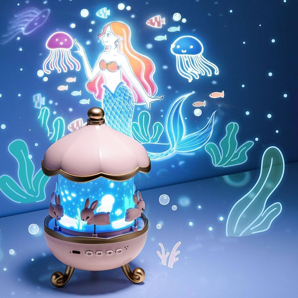 Bunny Carousel Rotating Night Light | Star Projector | Built-in Speaker | Casvero