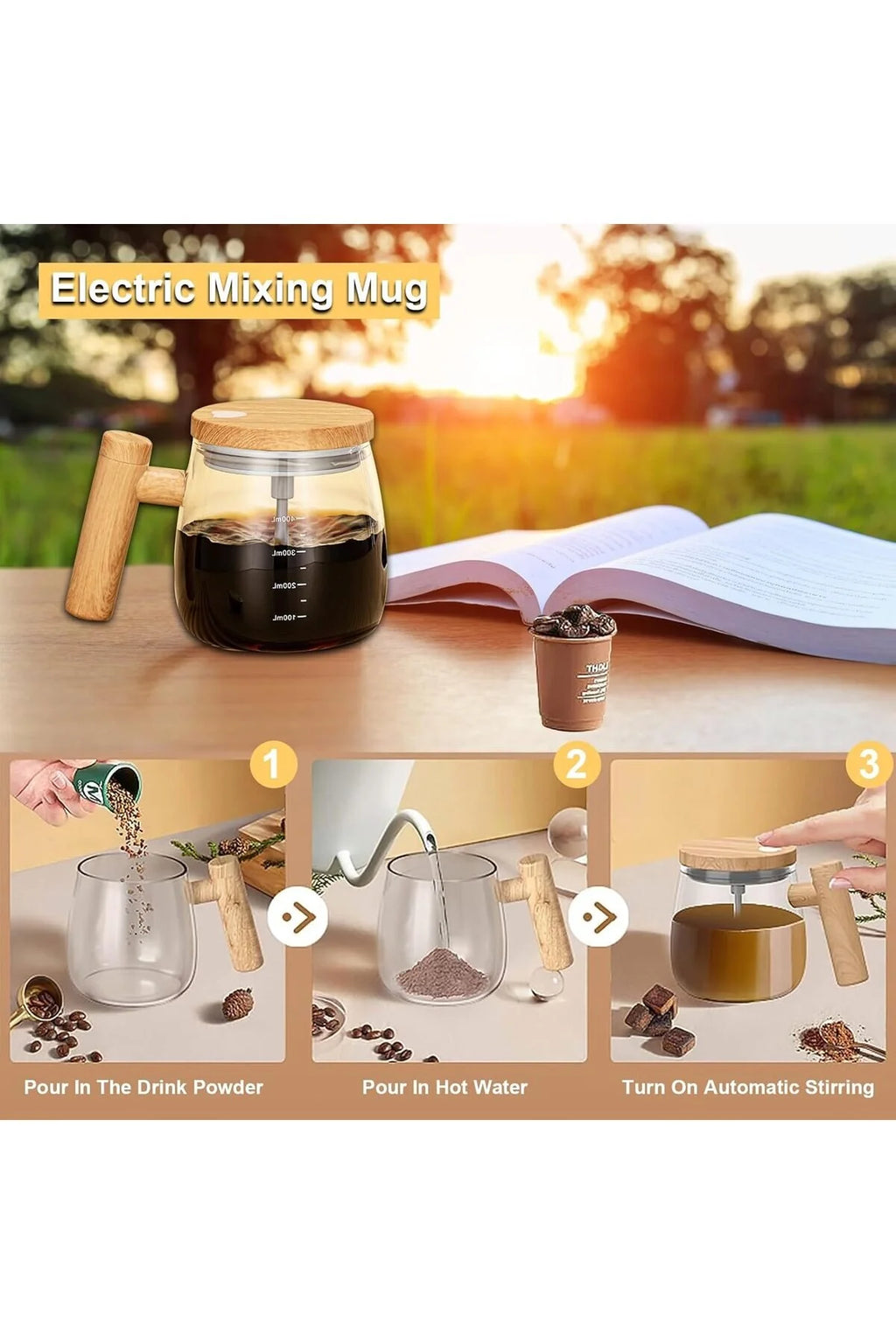 Electric Self-Stirring Coffee Mug | Auto Mix | Glass and Wood | Casvero